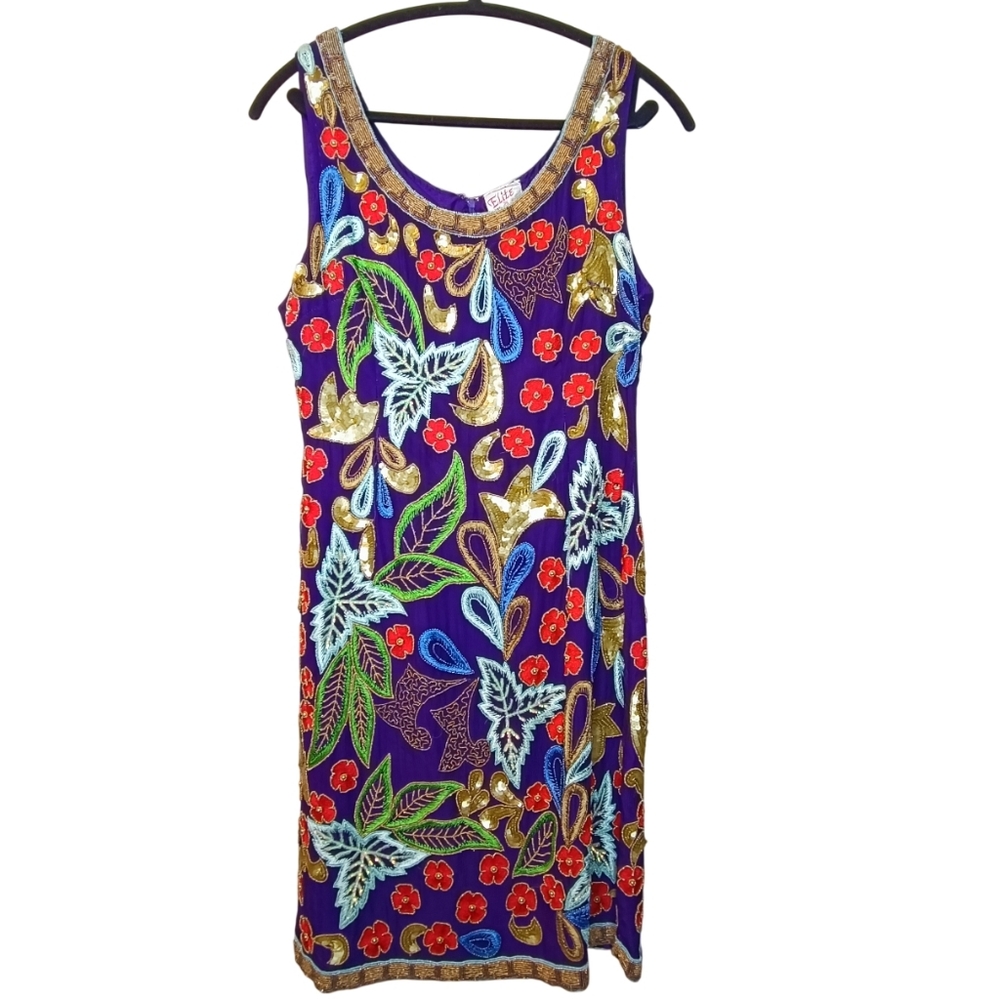 Vintage Purple Beaded Sequin Embroidered Knee Length Statement Silk Dress Size 6